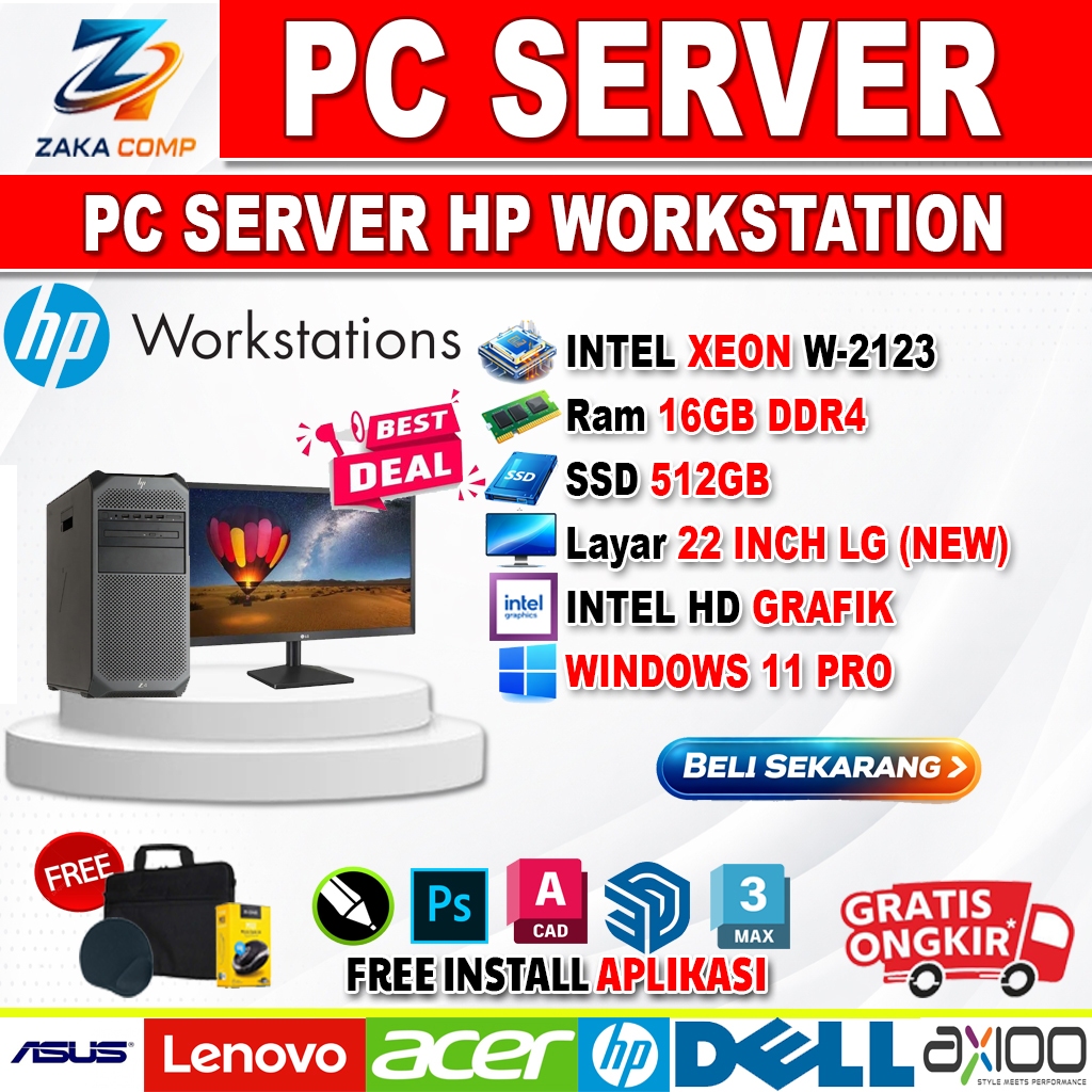 PC HP SERVER WORKSTATION INTEL XEON 2130 RAM 16GB SSD 512GB LAYAR 22INCH DOS