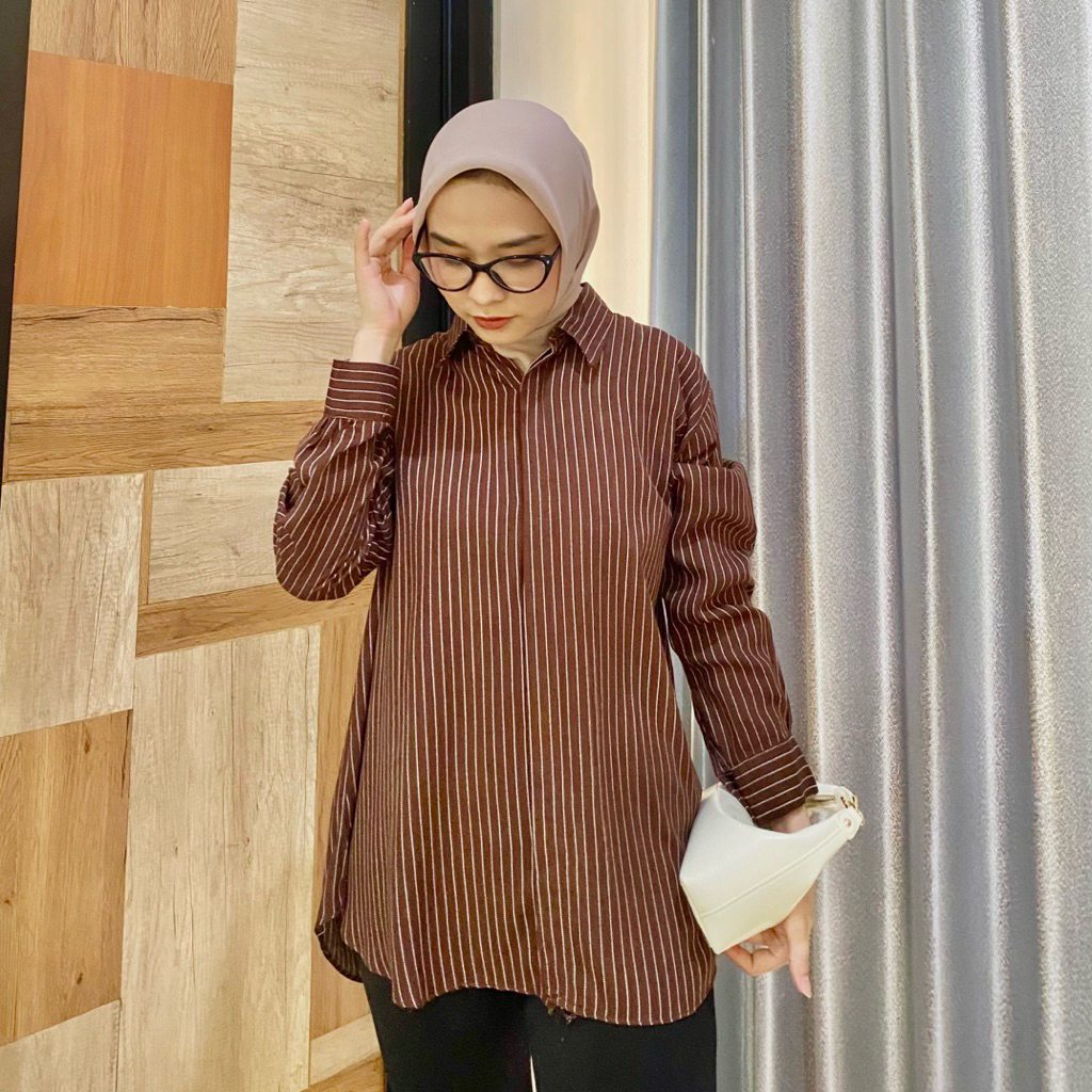 LENINA - Blouse Kemeja Oversize Rayon Motif Lengan Panjang