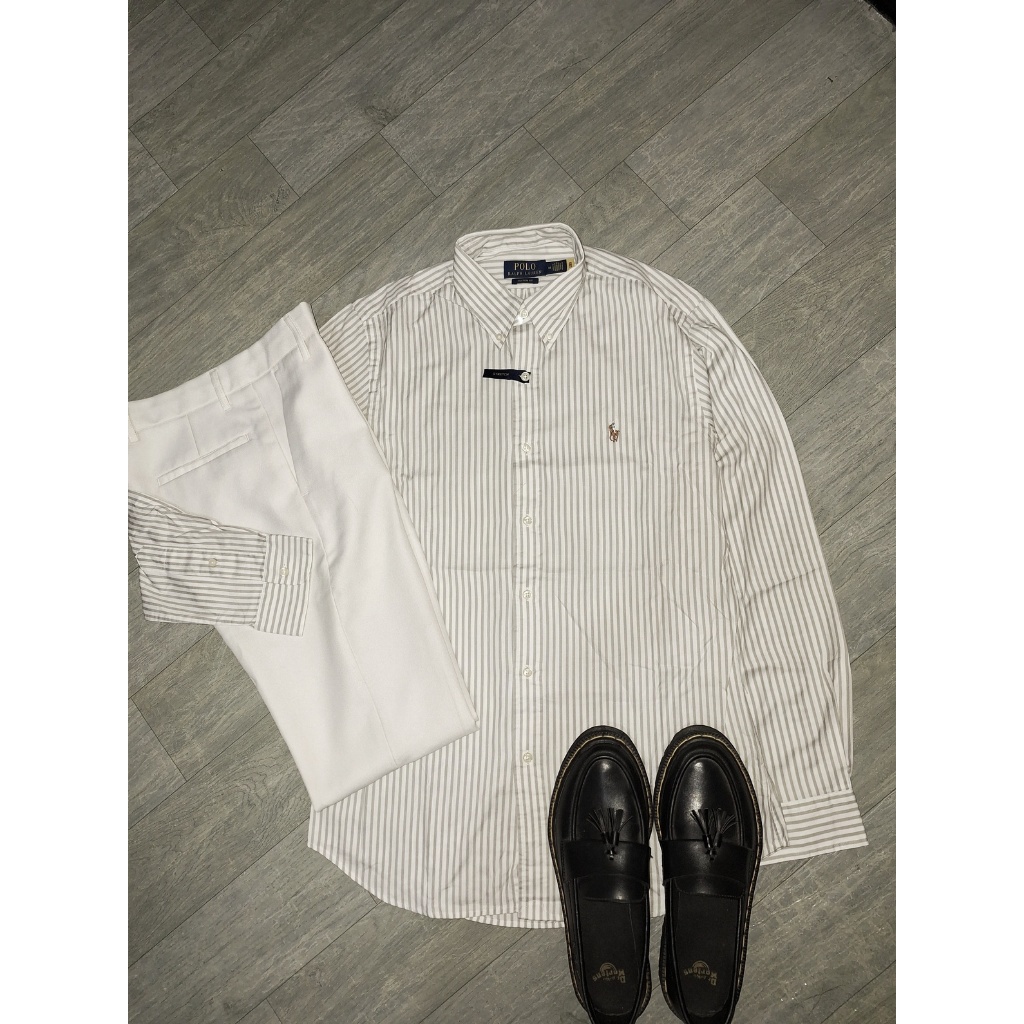 New Kemeja Stripe Grey Polo Ralph Lauren Pria Wanita Cotton Original