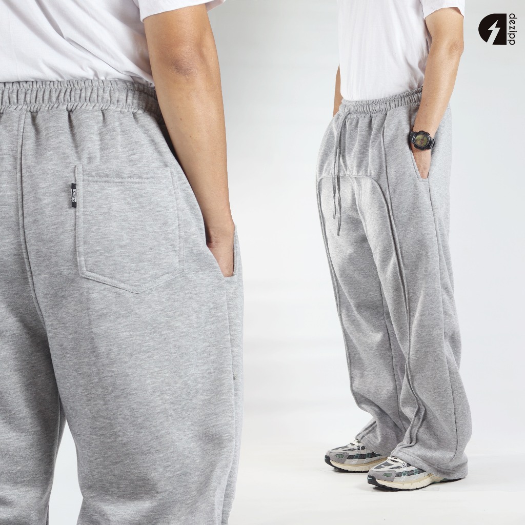 Dezipp Celana Panjang Sweatpants Loosefit Unisex Pria Wanita Fleece Grey Misty