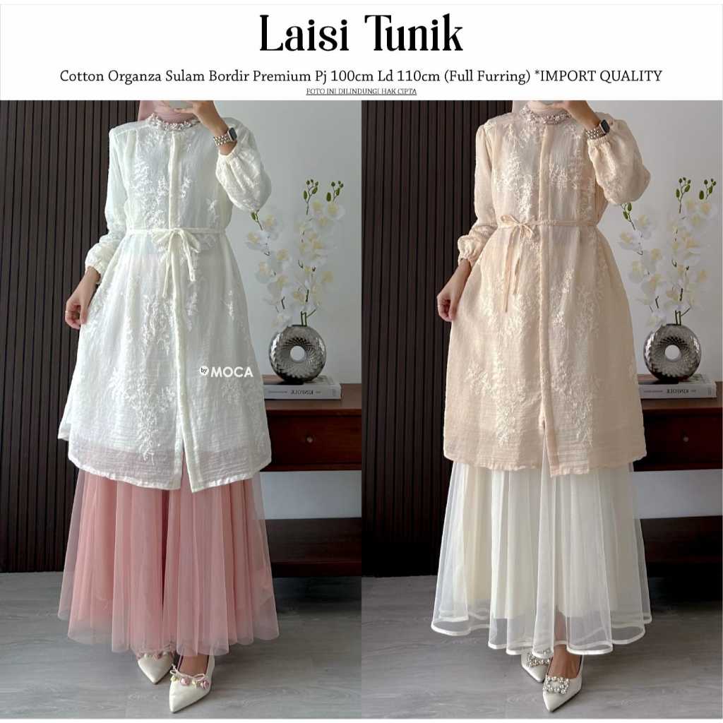 LAISI TUNIK ORIGINAL BY MOCA BAHAN COTTON ORGANZA SULAM BORDIR PREMIUM IMPORT QUALITY