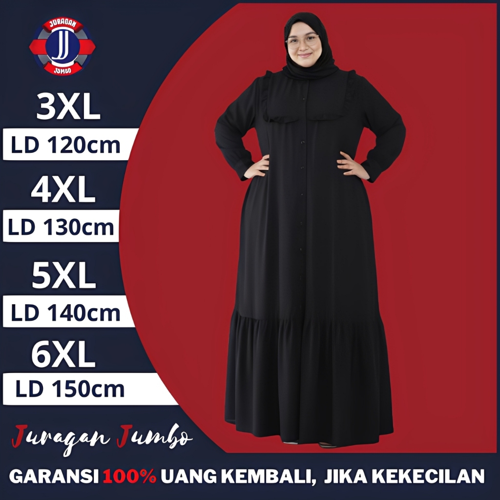 Gamis Dress Wanita Jumbo LD 120 130 140 150 Abaya Hitam Polos Crinkle Premium Mewah Syari Terbaru