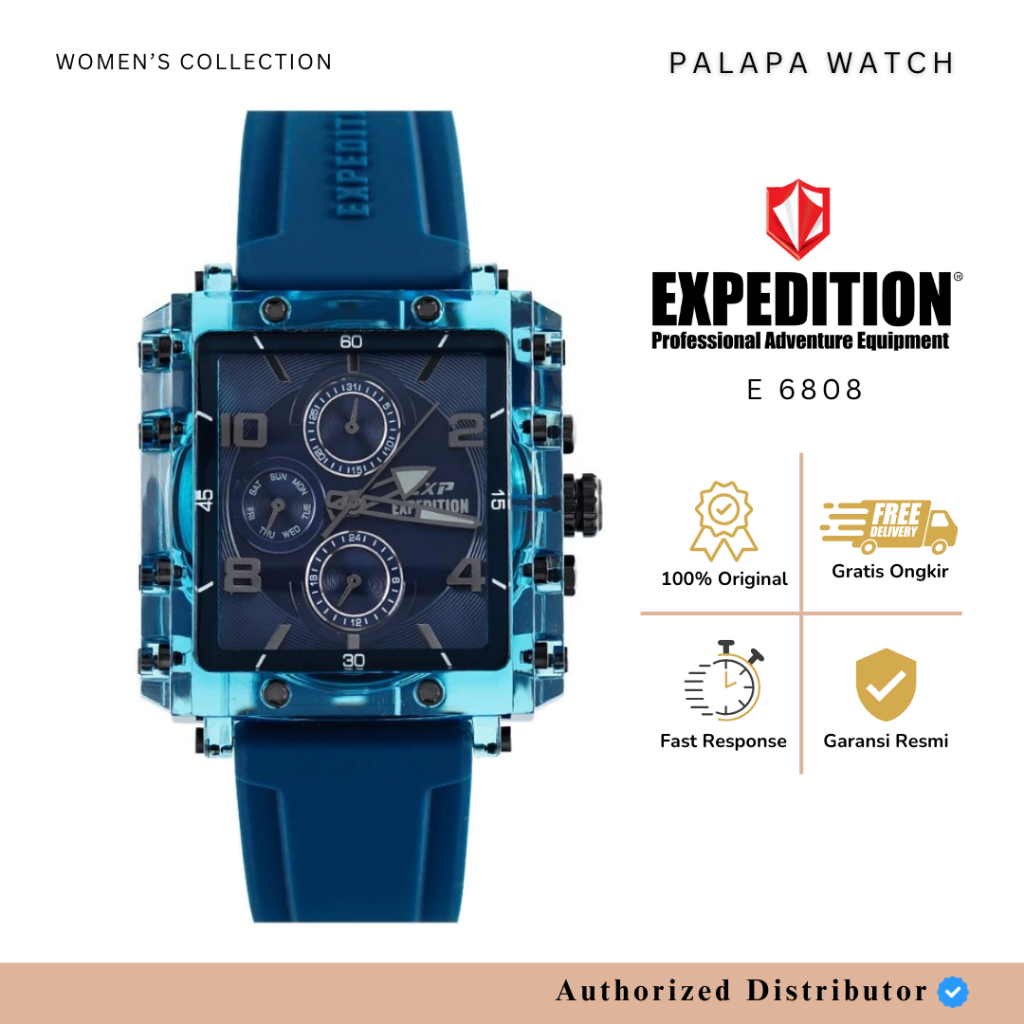 Jam Tangan Wanita Expedition E 6808 / E6808 Black Blue Rubber Original Garansi Resmi 1 Tahun