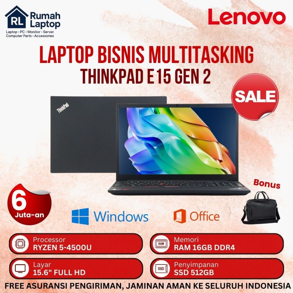 Flash Laptop Thinkpad E15 AMD Ryzen 5 4500U Ram 16GB Ssd 512GB 15.6" FHD Laptop Editing