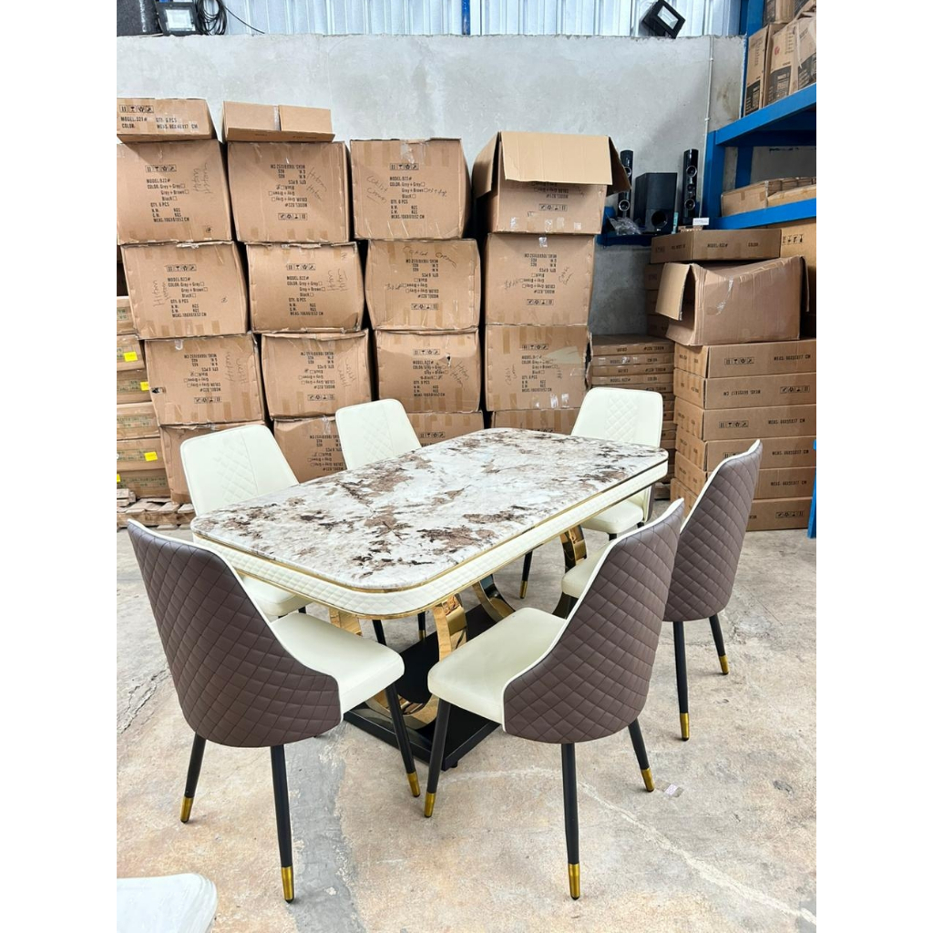 Meja Makan Import Marmer Pandora 160x90 Cincin Gold 6 Kursi Kulit Oscar