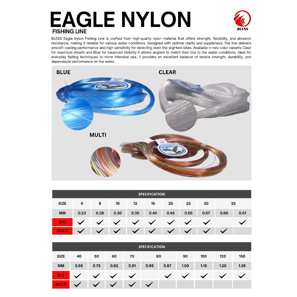 Senar Pancing Nylon BLESS Eagle 300 Meter Ukuran Besar  | Diameter 0.82–1.38mm