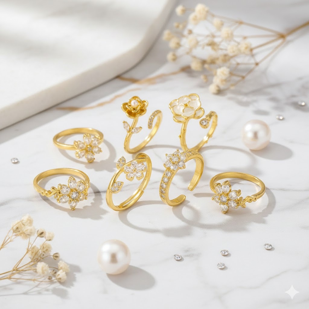 Gold Floral Open Ring Set – Sparkly Flower & Leaf Designs