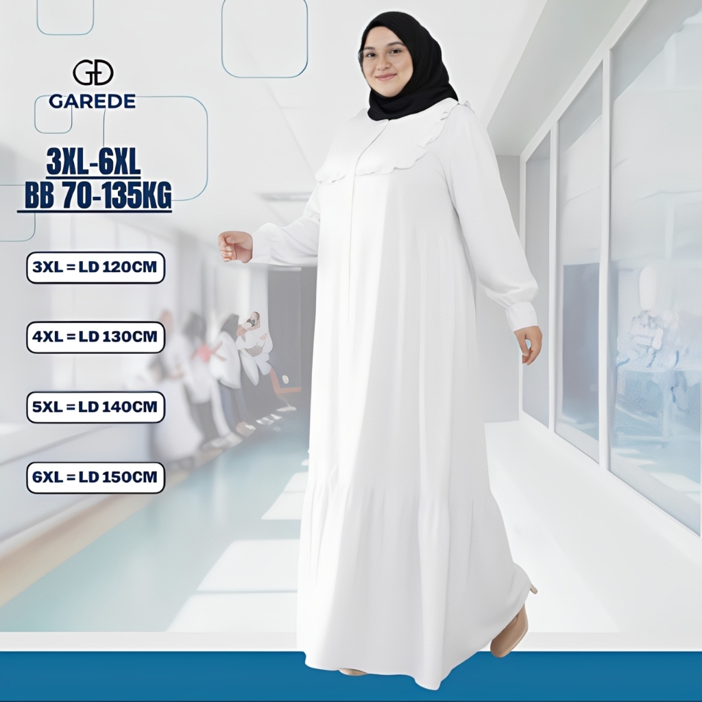 Garede - Gamis Jumbo LD 120 130 140 150 Crinkle Premium Abaya Putih Polos Mewah Terbaru Lebaran