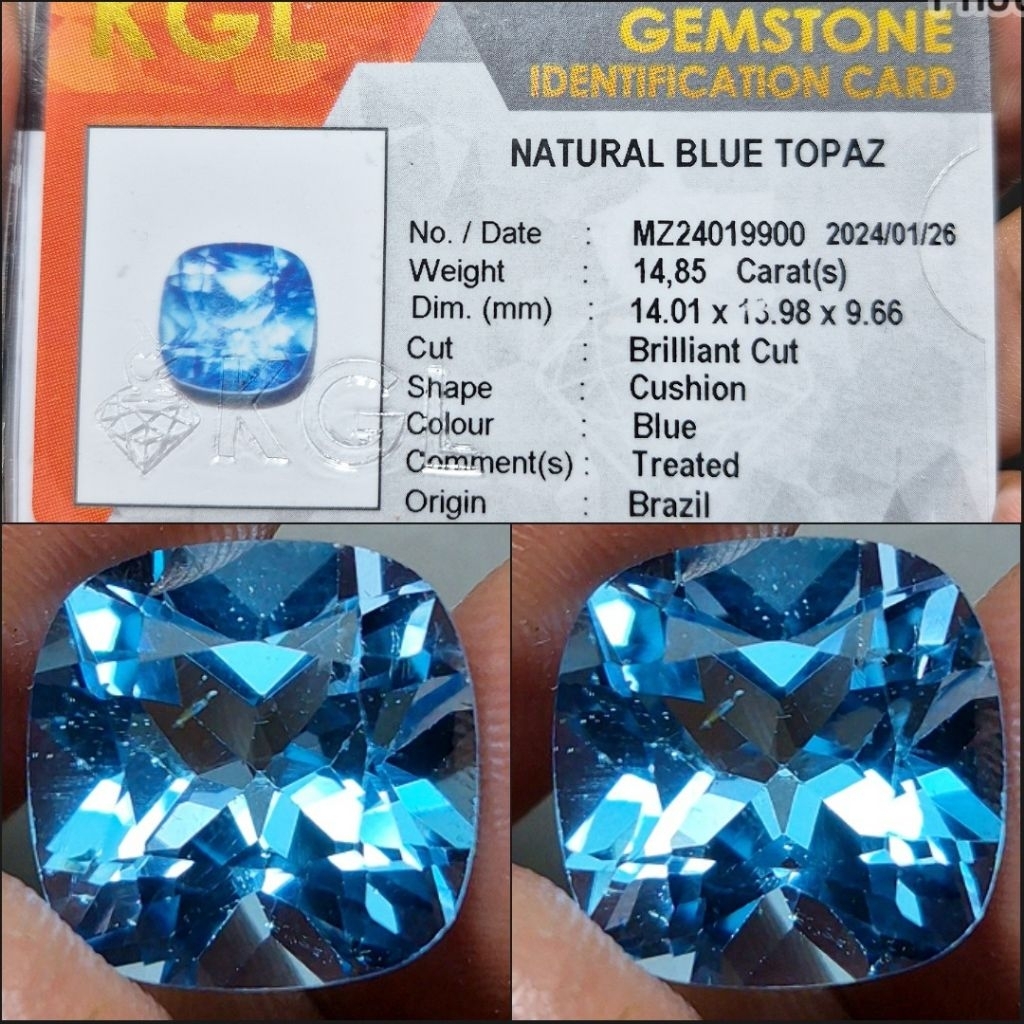 Natural Blue Topaz 14.85 crt Top Kristal Memo KGL Lab