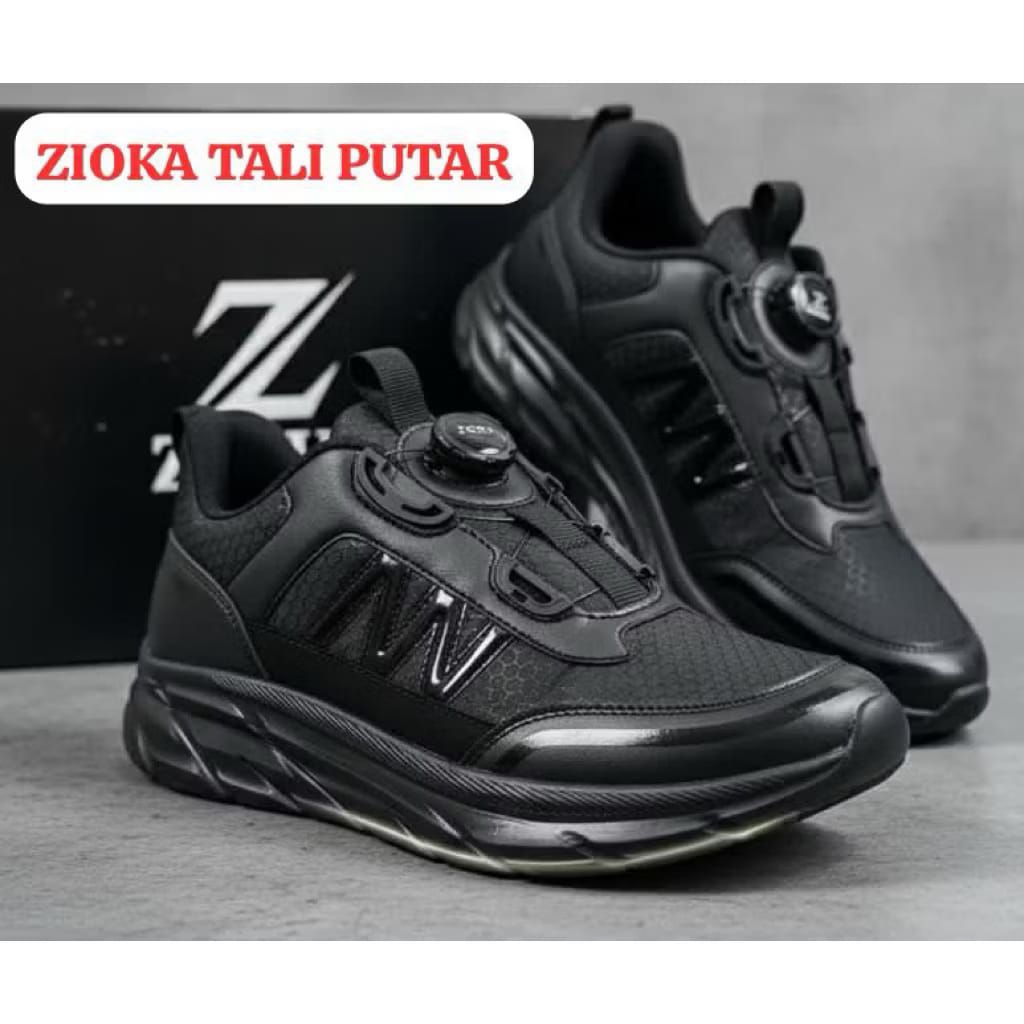 SEPATU ZIOKA TALI PUTAR FULL BLACK SEPATU RUNNING SEPATU KERJA