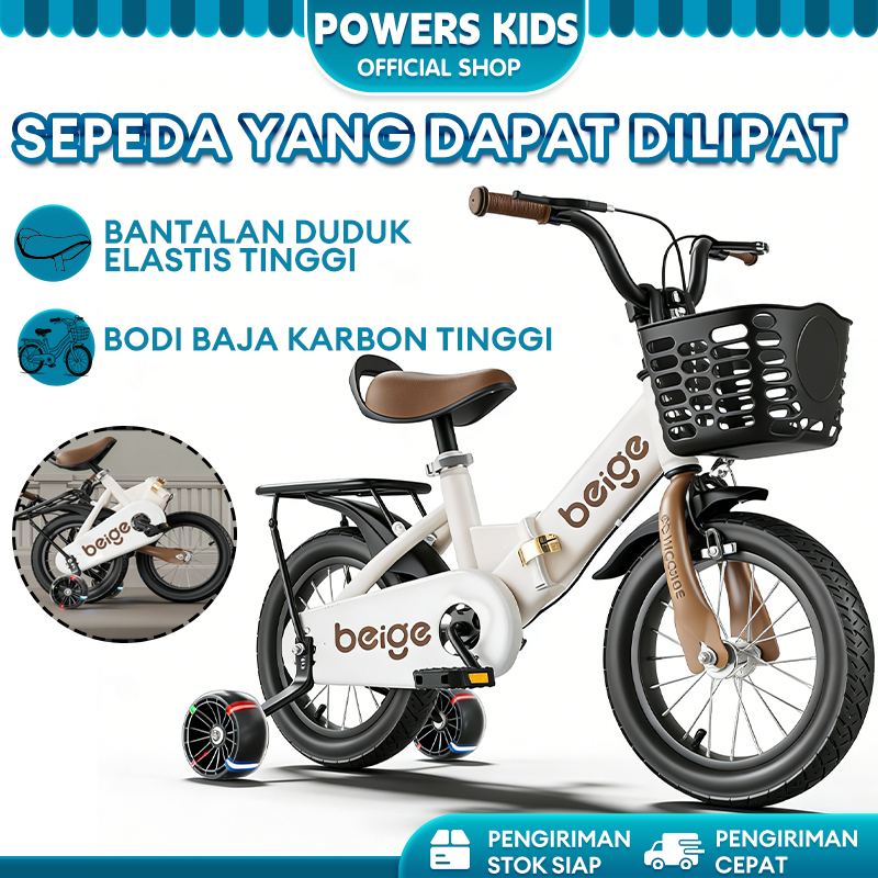 BEIGE Sepeda Lipat Anak 12 14 16 Inch - Sepeda Bayi dengan Roda Bantu Usia 2-8 Tahun
