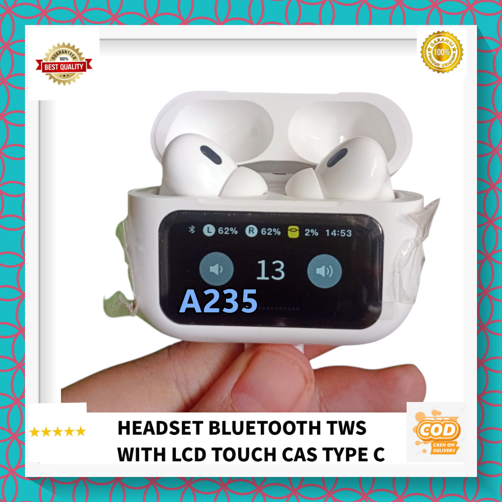A235 ORI 100% H108 HF BLUETOOTH  TWSWITH LCD TOUCH CAS TYPE C HEADPHONE SPORT OLAHRAGA BLUETOOTH BIS
