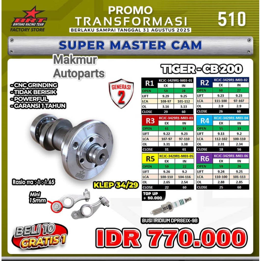 MASTER CAM NOKEN AS CAMSHAFT ROCKER ARM GENERASI 2 KLEP 34/29 BRT - TIPE /R/M/HEREX - HONDA TIGER (B