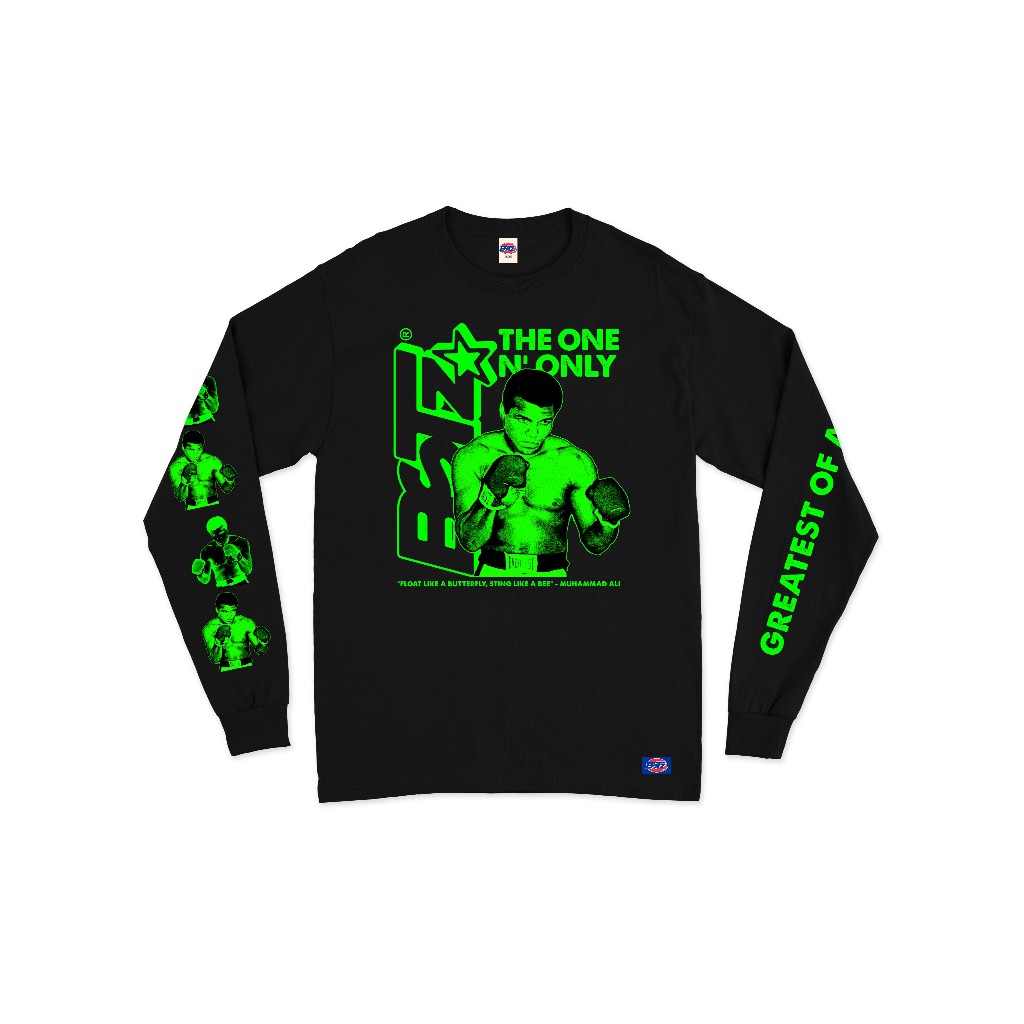 BSTZ | T SHIRT LONGSLEEVE MUHAMMAD ALI GREEN FLOU BLACK UNISEX - KAOS HITAM COTTON HYDRO - LENGAN PA
