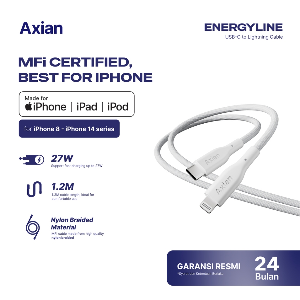 Terlaris AXIAN EnergyLine MFi Kabel Data iPhone Type C to Lightning 3A Fast Charging
