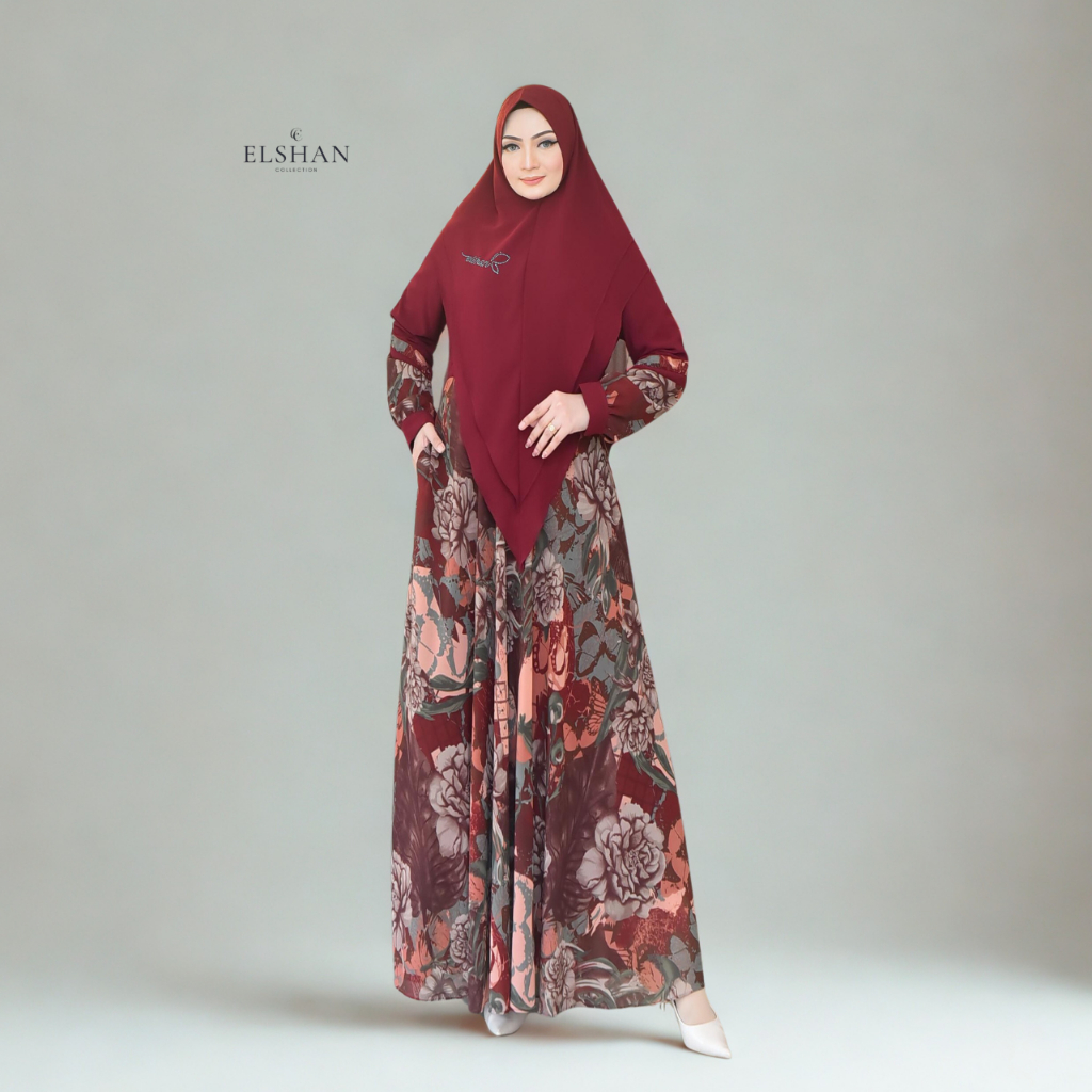 Elshan - Gamis Set Hijab Motif Bunga Ceruty Babydoll Busui Elshanum