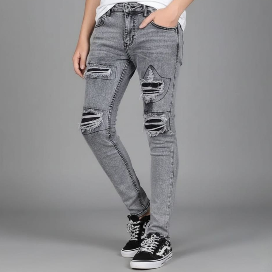 Celana Panjang Jeans Pria Robek Lapis Stretch Melar Soft Denim Sobek Lutut Desain Streetwear
