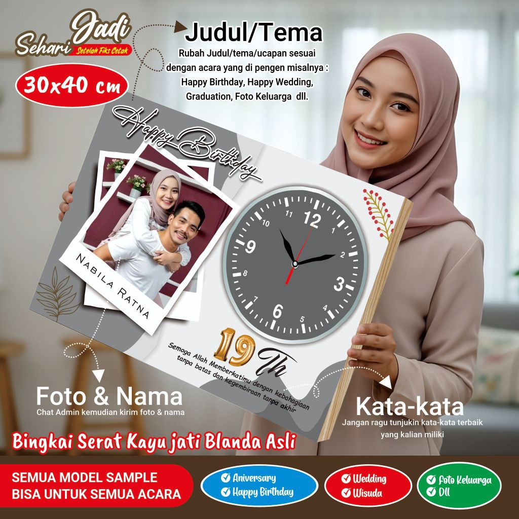 Hadiah Kado estetik fotoblok Custom Foto dan nama Jam Dinding bingkai Kayu Jati Belanda Kado Wisuda 