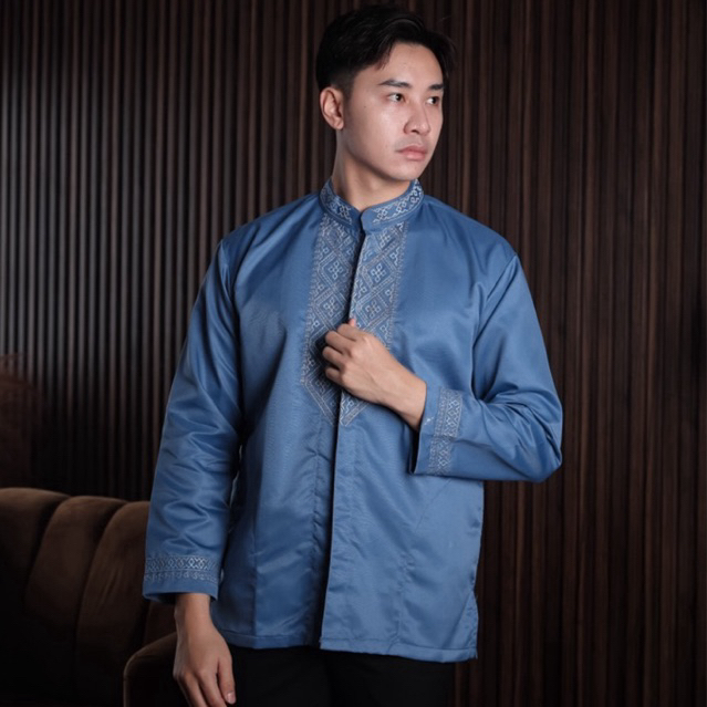 Al-Khaj Baju Koko Muslim Bordir Pria Dewasa Motif Arabic Lengan Panjang Oblong