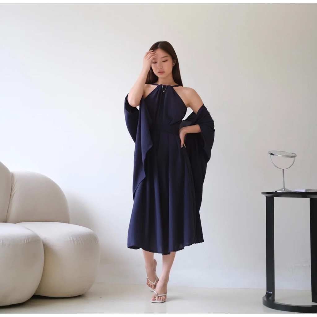 ( PRELOVED) One Set Dress Biru Elektrik 2in1 - Midi Dress Tali & Outer Oversize