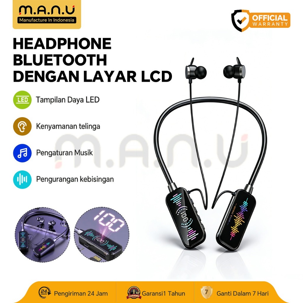 MANU Wireless Headphone Bluetooth 5.4 HD Screen RGB Neckband Headset HiFi Stereo Noise Reduction Bat