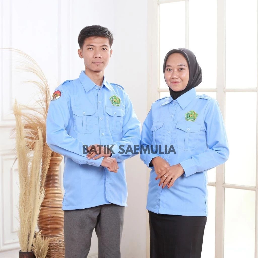 Batik Saemulia kemeja dinas kemenag biru muda pria dan wanita Baju dinas kemenag biru muda terbaru
