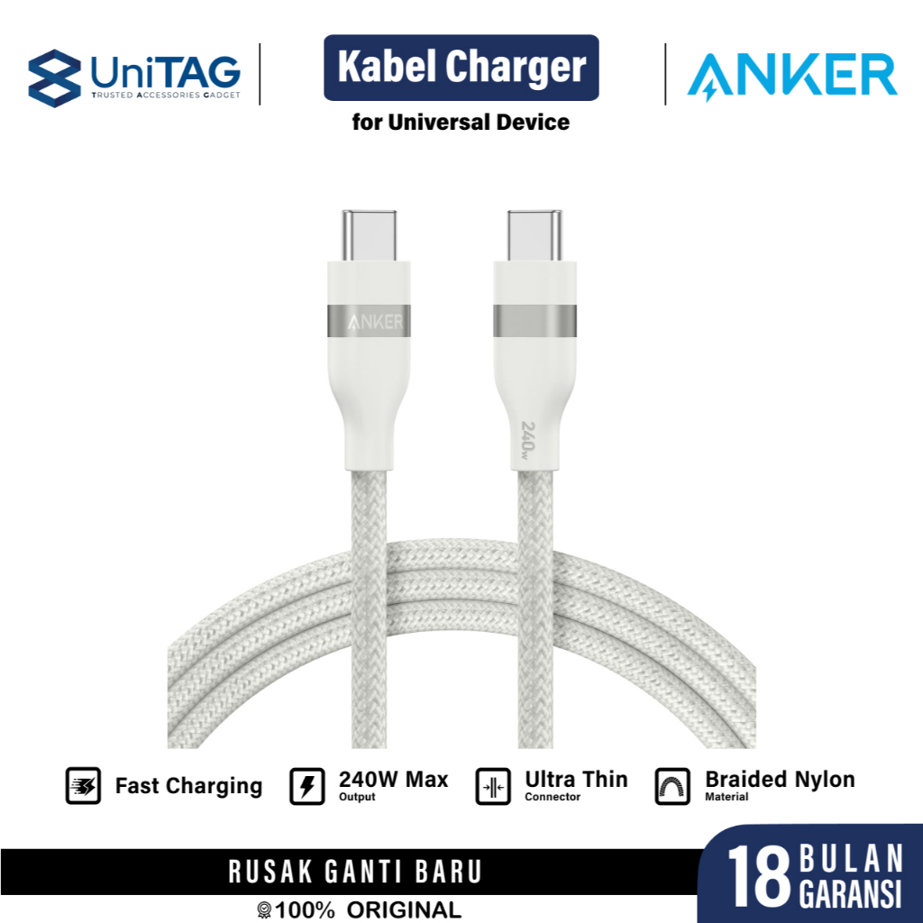 Anker Kabel Charger USB C - USB C 240W Upcycled Braided 0.9m Zolo - White A82E2H21
