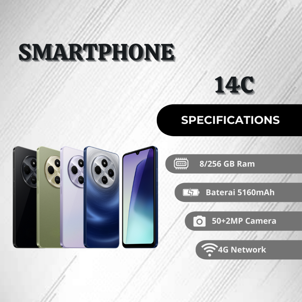 HP REDMI 14C-LAYAR LUAS 6.88 INCI,RAM 8GB,BATERAI 5160 mAH GRANSI 12 BULAN