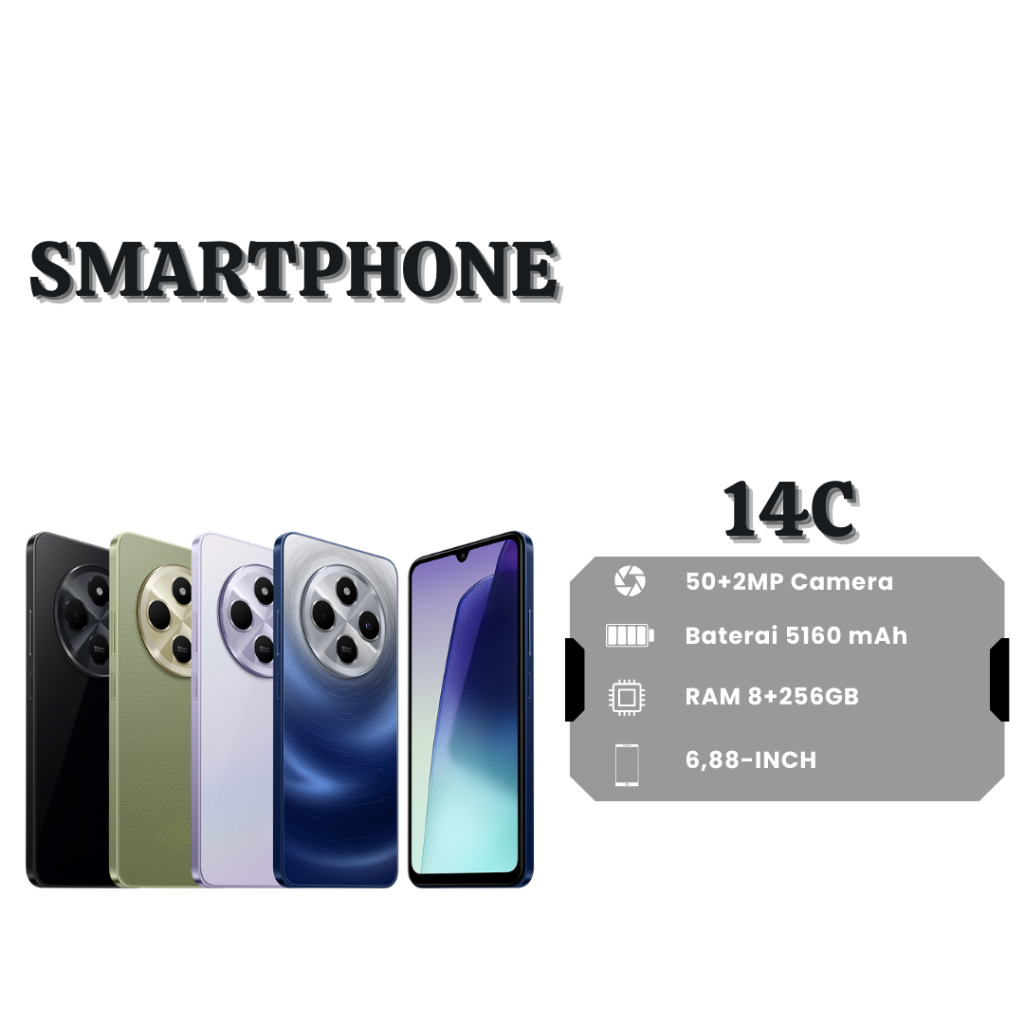SMARTPHONE REDMI 14C -LAYAR LUAS 6.88 INCI,RAM 8GB,BATERAI 5160 mAH GRANSI 12 BULAN
