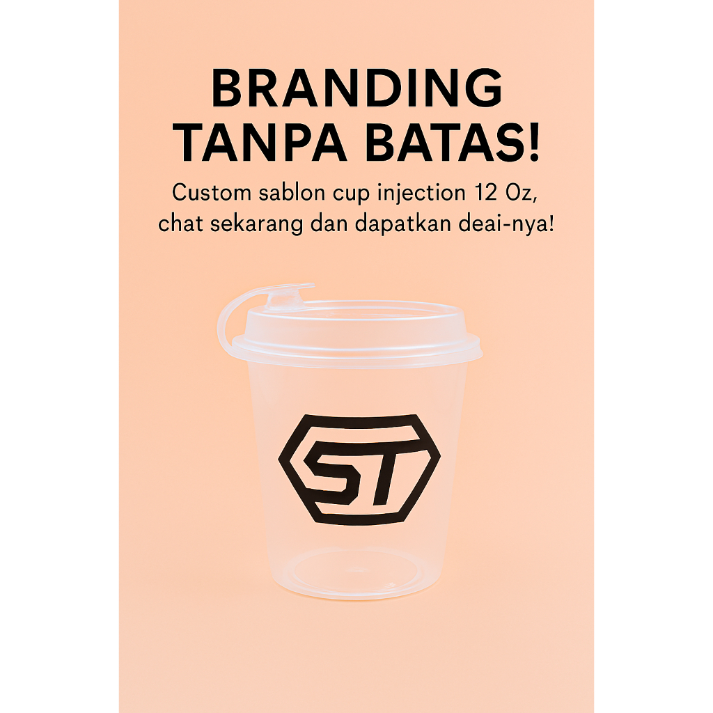 Custom Sablon Cup PP Injection Datar 12 Oz  [360ml] – Anti Tumpah, Presisi Maksimal, Bebas Sablon