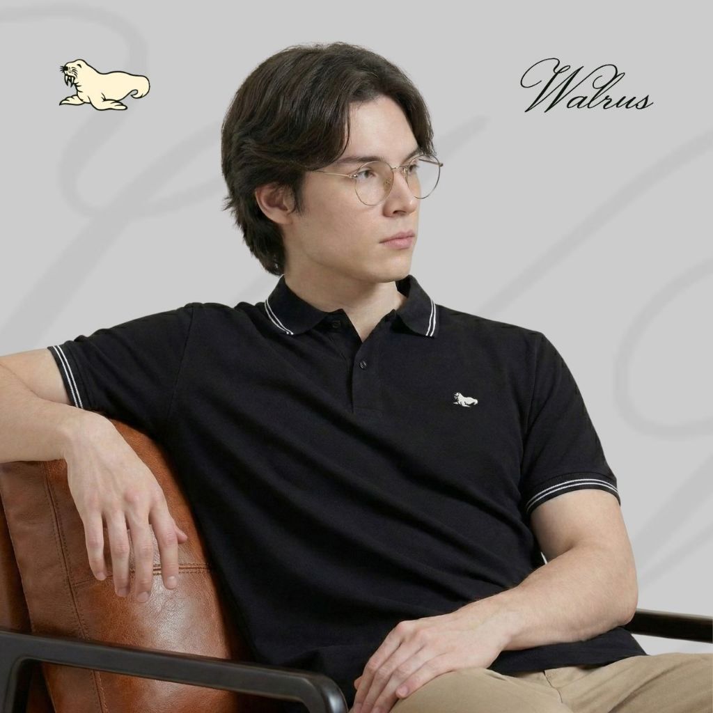 Walrus Polo Basic Kemeja Polo Pria Wanita Garis Hitam Putih Lengan Pendek Bahan Katun Polos Hitam Wi