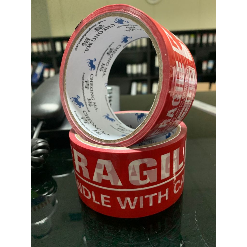 Lakban Fragile Merah Putih 48MM x 72 Yard - Daya Rekat Kuat, Tahan Air, Peringatan Visual Jelas