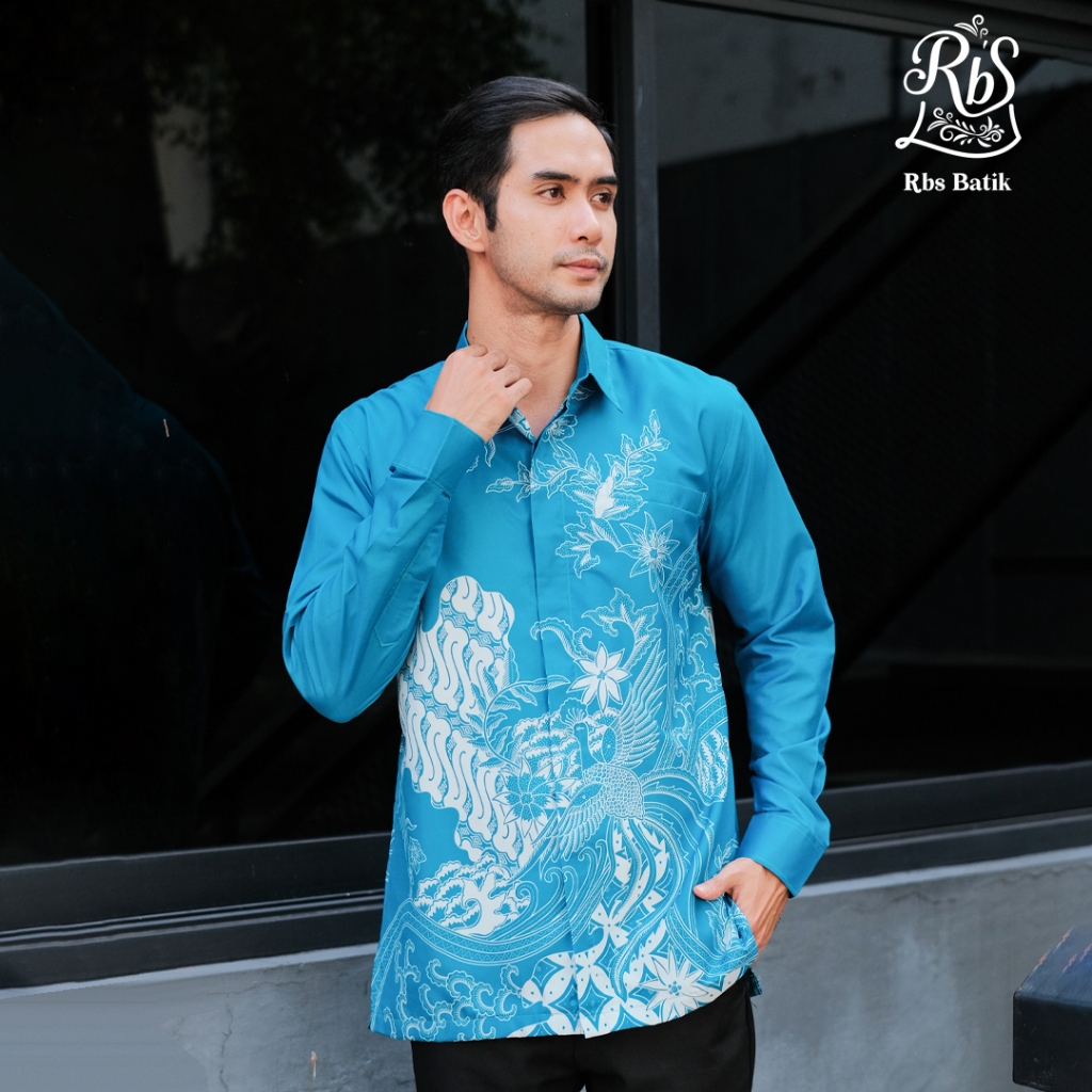 RBS Batik - Kemeja Batik Pria Gunadipa Slimfit Lapis Furing Warna Hijau Tosca Gelap Kombinasi Cream