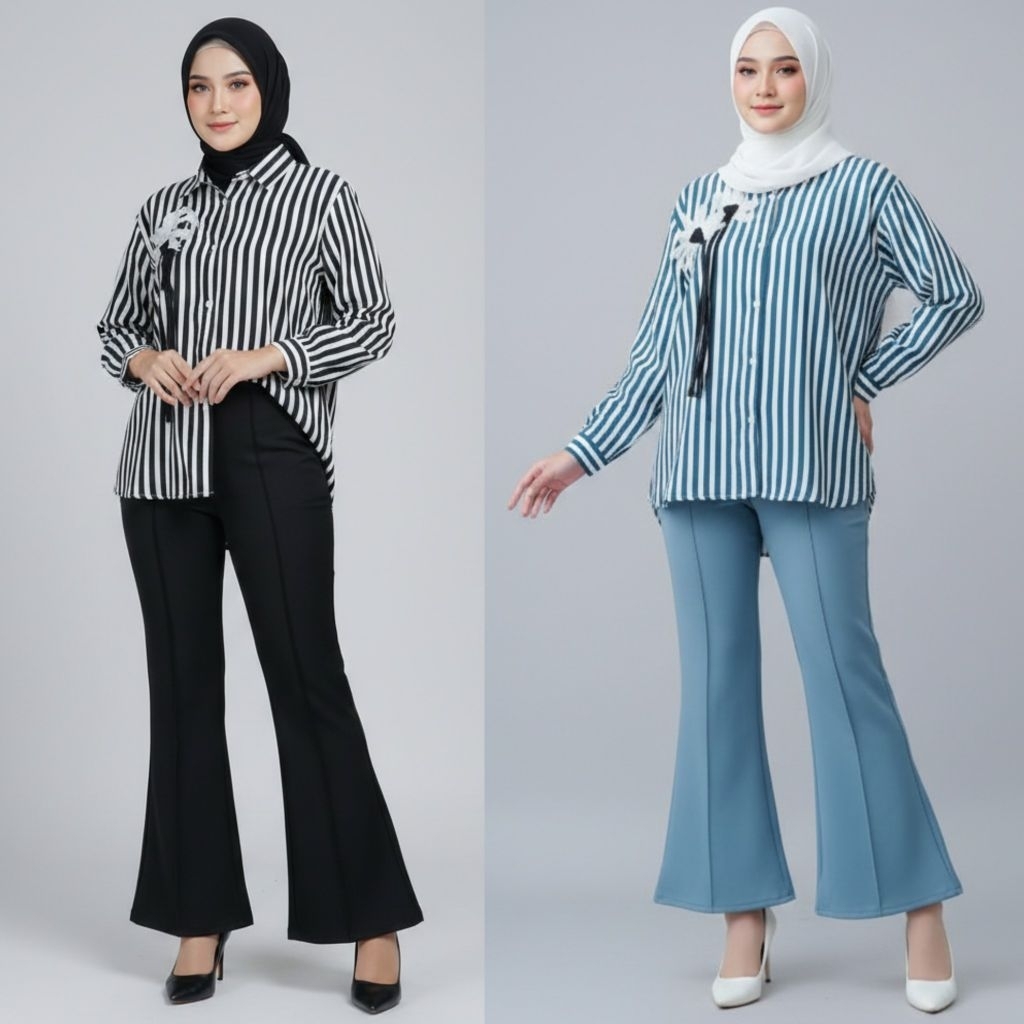 Setelan Wanita Regina Atasan Blus Salur Celana Cutbray Scuba
