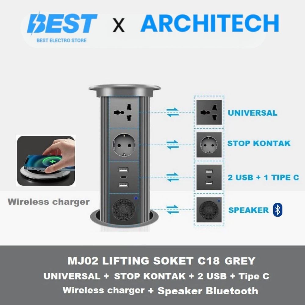 ARCHITECH MJ02 LIFTING SOKET C18 WIRELESS+BLUETOOTH BLACK STOP KONTAK MEJA
