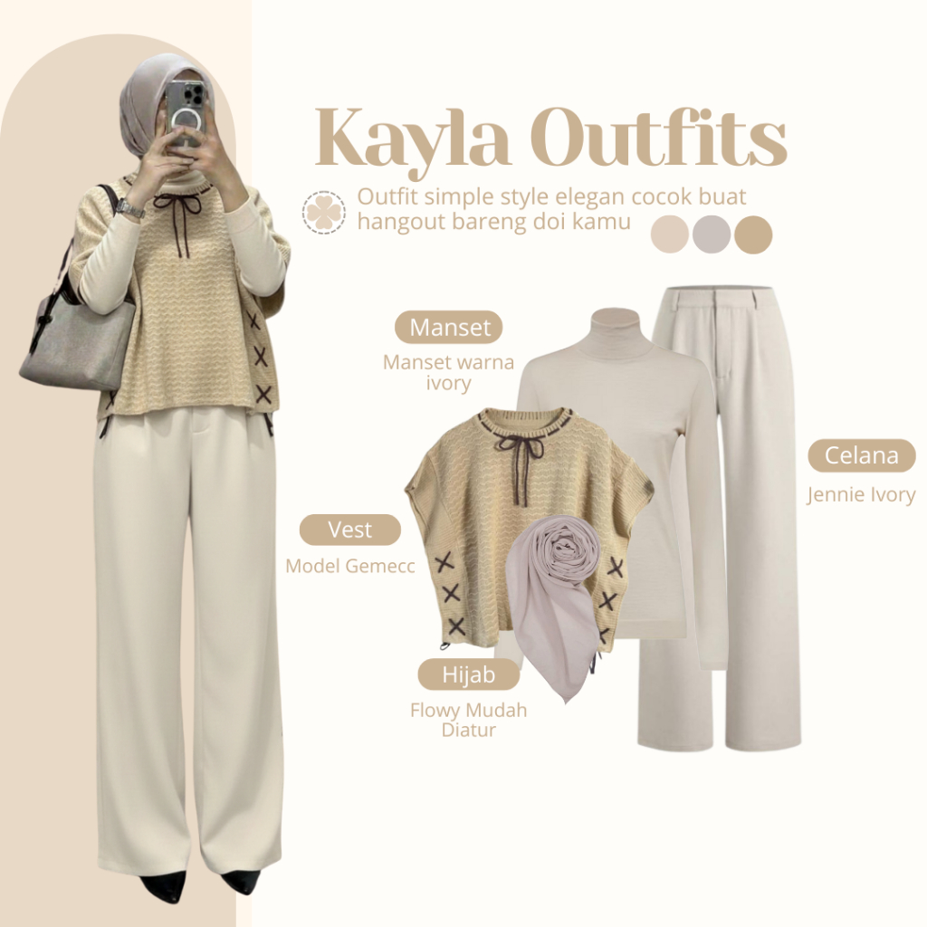 One Set 4in1 Remaja Kekinian [Kayla Vest + Manset Khaki +Celana Jennie Knit + Hijab Segi Empat]LM217