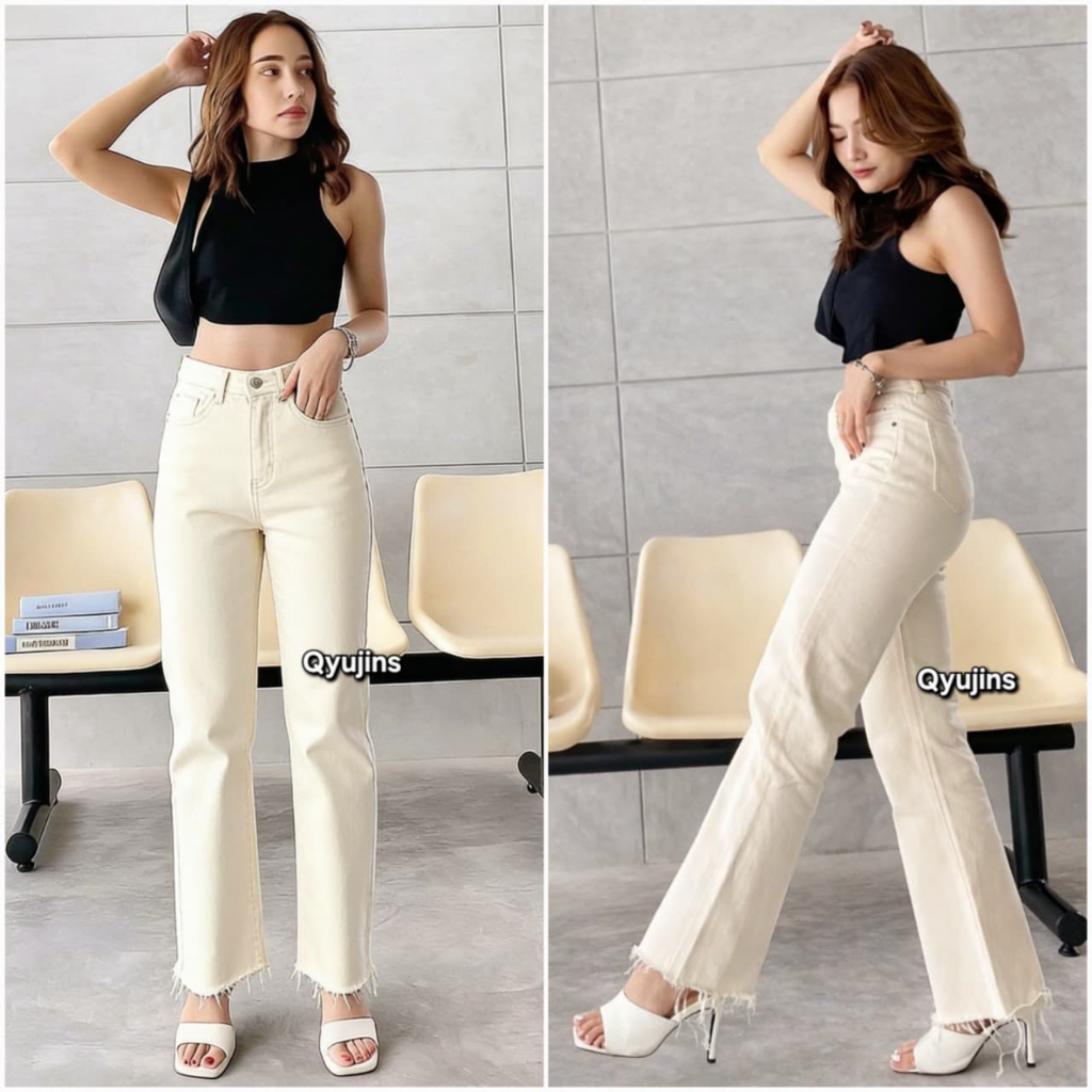 Qyujins - Highwaist Denim Cream Unfinished Hw Loose Baggy Celana Jeans Wanita Panjang Big Size 27-34