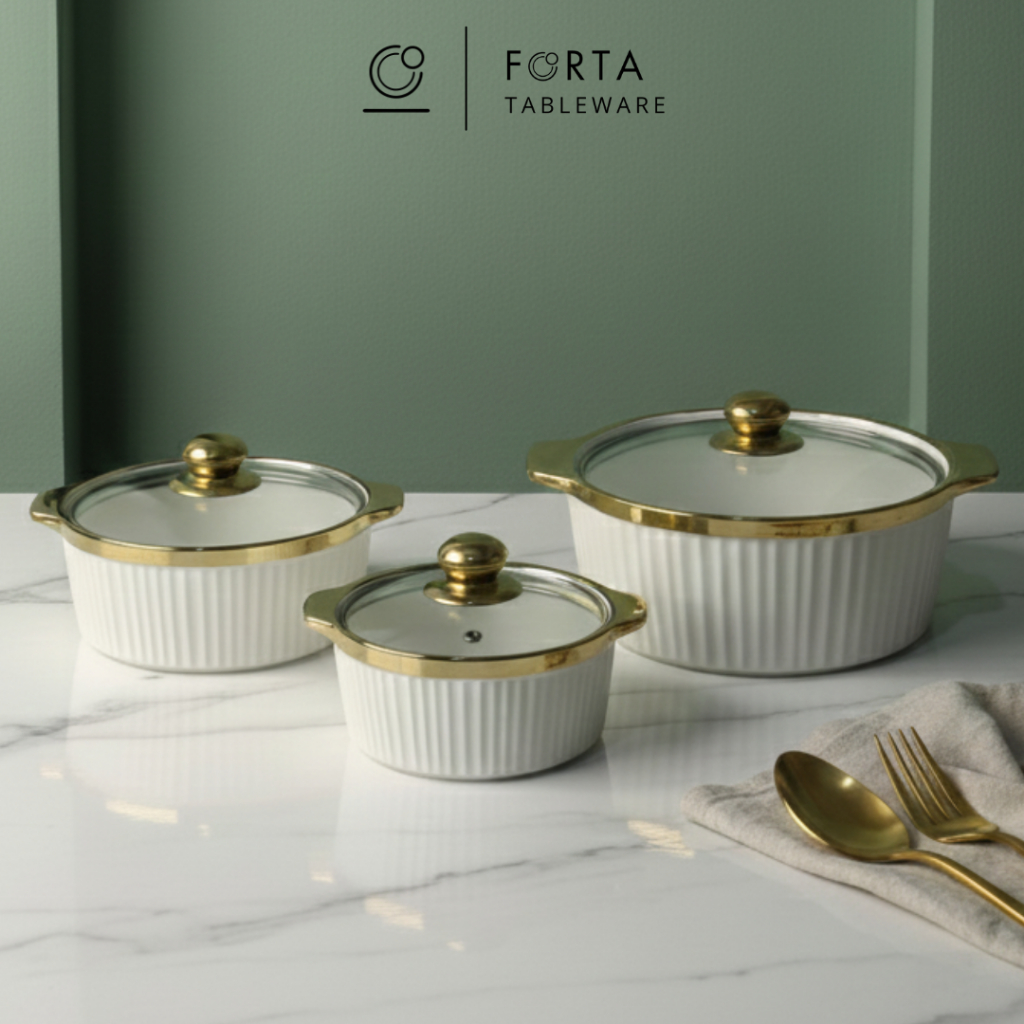 FORTA Mangkok Saji Tutup Kaca List Gold Keramik Premium Unik Diameter 16,23, & 27cm / Set Mangkok Ke