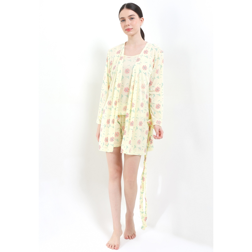 Kimono Pyjama Ladies Sleepwear 307 Rib Light Yellow Flower Lengan Panjang (52508 71085 RK) Pajamas B