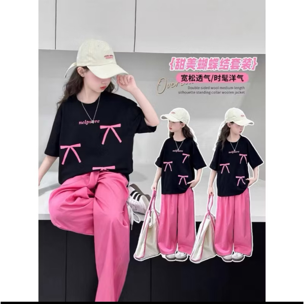 Baju Setelan Anak Terbaru/Setelan Baju Terkini 2025/Setelan Baju Black and Pink/Setelan Pita Blackpi