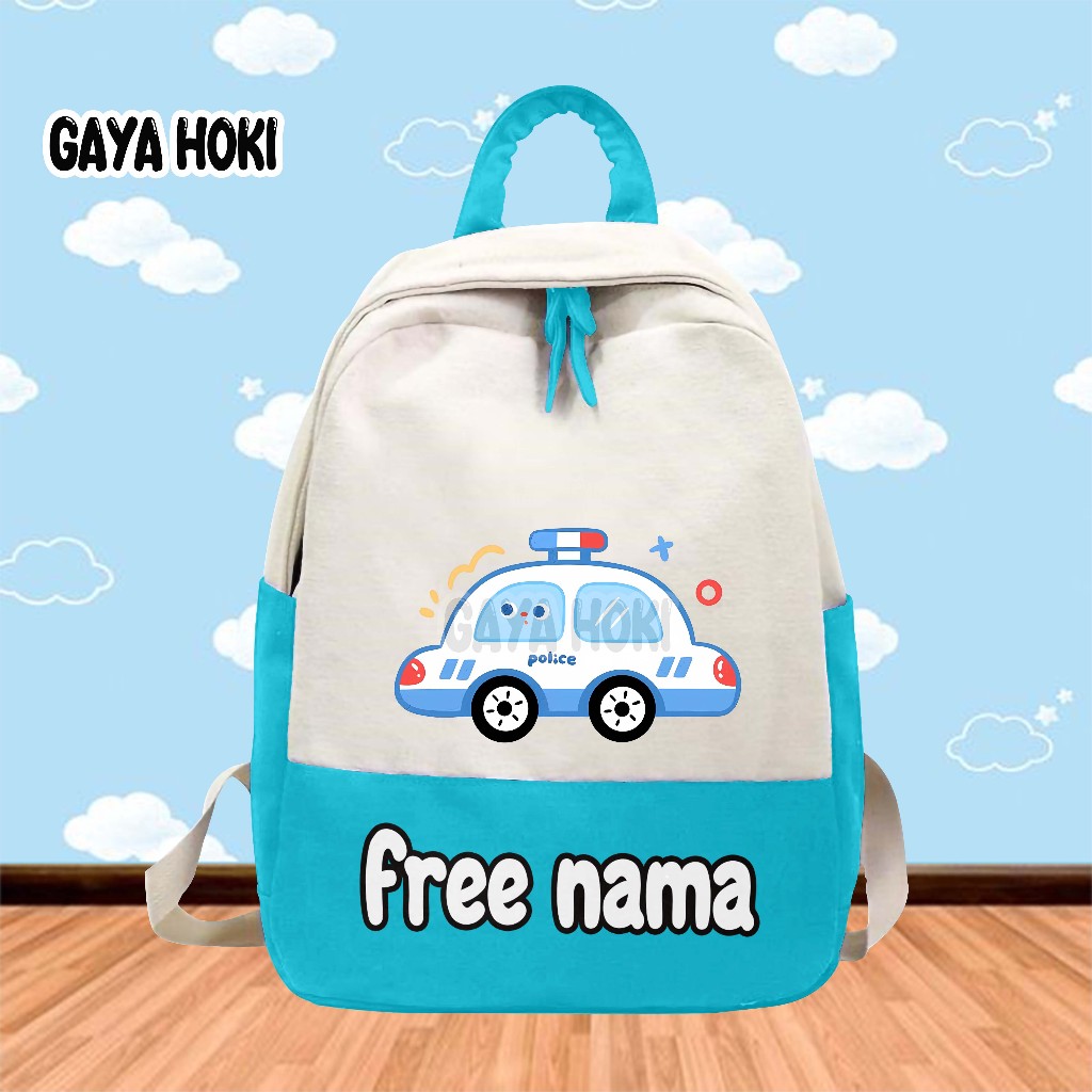 [FREE NAMA] Tas Ransel Tas Anak Sekolah TK/SD Gambar Mobil Polisi Police
