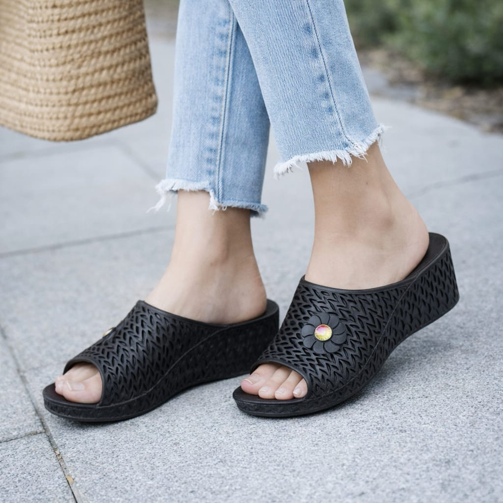 G045 Sandal wedges hak tinggi karet belair wanita sandal lebaran sandal ibu kekinian cantik