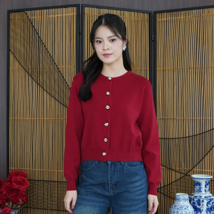 Cardigan Rajut Wanita Lengan Panjang Kancing Motif Bunga