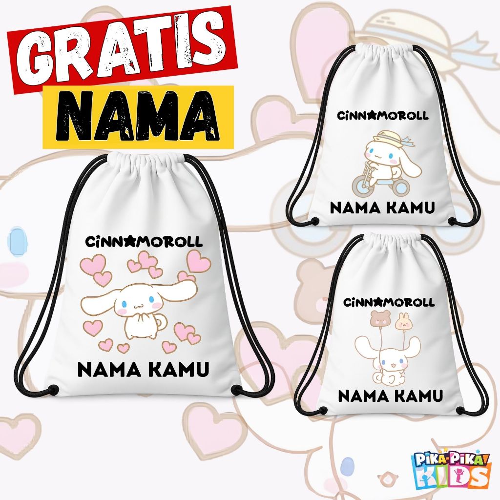 ( GRATIS NAMA ) Tas Serut Anak Warna Putih Cinnamorrol - String Bag Tas Sekolah, Tas Olahraga, Usia 