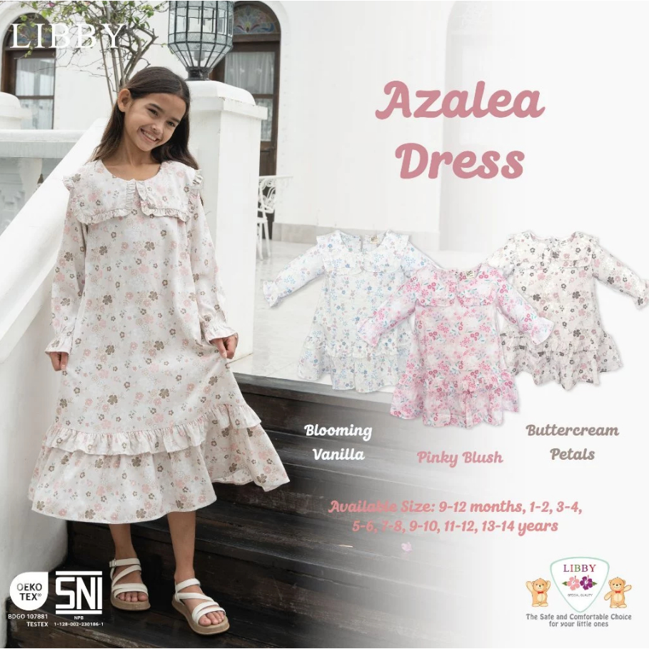 Libby 9 Bulan - 14 Tahun Azalea Dress 7/8 - Dress Ruffle Lengan Panjang Motif Bunga Pakaian Raya Mus