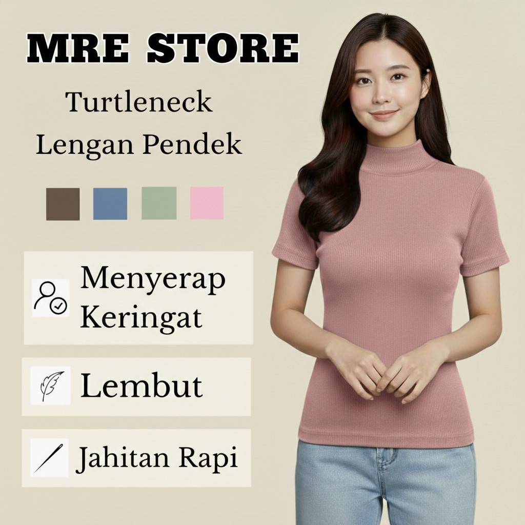 MRE Kaos Atasan Cewek Turleneck Terbaru Lengan Pendek Kerah Tinggi Korean Style Rib Premium