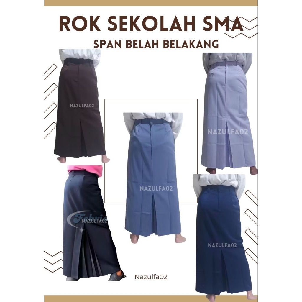 Rok Sekolah span belakang SMP/SMA SMK panjang putih, biru, hitam coklat abu