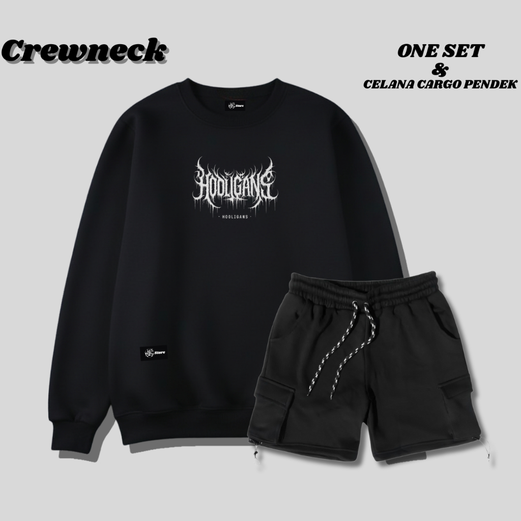 Oneset Sweater Pria Wanita Terbaru Terlaris Warna Hitam List Holligans Stelan & Celana Cargo Pendek 