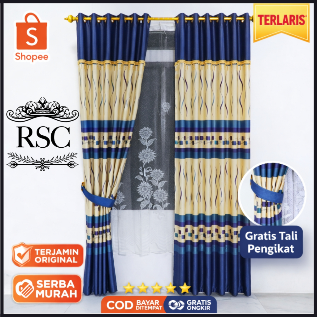 Gorden poni mewah jendela pintu tebal motif bunga printing model smokring warna biru