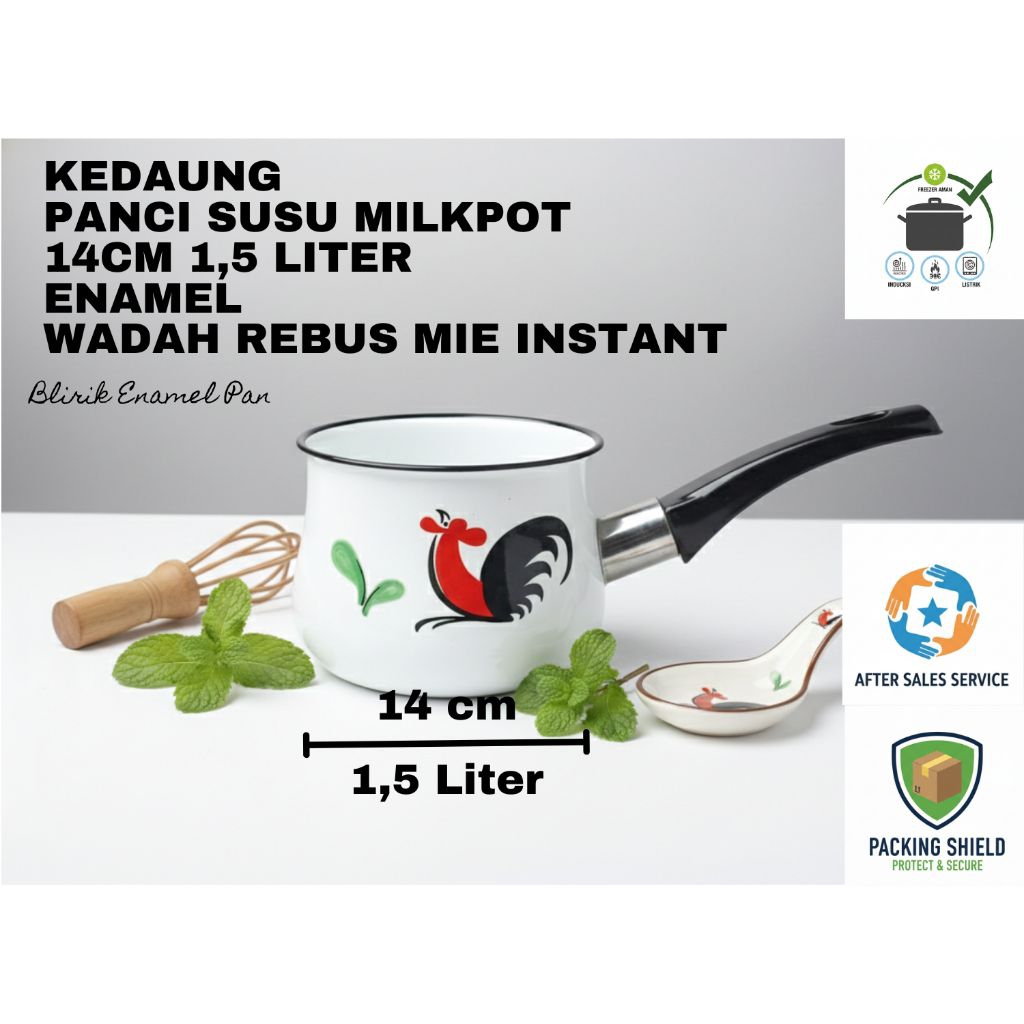 Kedaung - Panci Susu Milkpot 14cm 1,5 Liter - Enamel Tebal Motif Blirik & Ayam Jago - Wadah Rebus Su